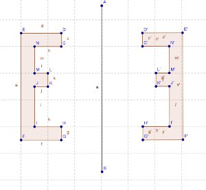 Letra e desenhada ponto a ponto com o respectivo simtrico no software GeoGebra.