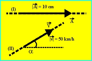 Imagem da representao de dois vetores, um na orizontal com sentido da esquerda para a direita e outro inclinado, sentido de baixo para cima.
