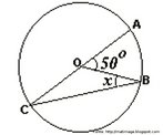 Imagem de uma circunferncia em que um setor circular com ngulo de 50 bem como um tringulo inscrito esto destacados. A imagem  til para geometria plana, especificamente para o estudo da circunferncia, seus elementos e as caractersticas de figuras planas inscritas em uma circunferncia. 