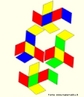 Como fazer um quebra-cabeas. O triacontaedro rmbico pode ser colorido com 5 cores de modo que, em torno de cada vrtice onde 5 faces se encontram, estas faces tenham cores diferentes. H duas maneiras de fazer um paraleleppedo que tenha seis faces iguais aos losangos que so faces do triacontaedro, e ainda 10 maneiras de escolher 3 cores entre as 5 cores dadas. Pode-se reconstruir o triacontaedro rmbico (como se pode ver na imagem) usando estes 20 paraleleppedos, dispondo o paraleleppedo de modo que as faces unidas tenham a mesma cor. A figura mostra as planificaes de 4 paraleleppedos. As imagens da planificao do triacontraedro e dos outros paraleleppedos esto disponveis neste mesmo banco. 