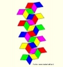 Como fazer um quebra-cabeas. O triacontaedro rmbico pode ser colorido com 5 cores de modo que, em torno de cada vrtice onde 5 faces se encontram, estas faces tenham cores diferentes. H duas maneiras de fazer um paraleleppedo que tenha seis faces iguais aos losangos que so faces do triacontaedro, e ainda 10 maneiras de escolher 3 cores entre as 5 cores dadas. Pode-se reconstruir o triacontaedro rmbico (como se pode ver na imagem) usando estes 20 paraleleppedos, dispondo o paraleleppedo de modo que as faces unidas tenham a mesma cor. A figura mostra as planificaes do triacontaedro. As imagens da planificao dos paraleleppedos e do triacontaedro esto disponveis neste mesmo banco.