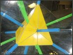 Imagem virtual de um tetraedro obtida a partir de um caleidoscpio. O canudo verde, colocado entre os dois espelhos que formam entre si um ngulo de 90, mostra os 3 eixos da rotao de ordem 2 em um tetraedro regular (as retas que atravessam os pontos mdios de duas arestas opostas); o canudo azul, colocado entre os espelhos que formam entre si um ngulo de 60, mostra os 4 eixos de rotao de ordem 3 (as retas que atravessam um vrtice e o centro da face oposta). 