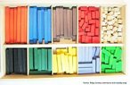 Imagem contendo o material Cuisenaire. Tradicionalmente utilizado para trabalhar os primeiros nmeros naturais, o material associa cada uma das rguas ao nmero que representa a medida do seu comprimento, considerando como unidade o comprimento da barra menor. De um modo geral,  considera-se que os primeiros nmeros devem ser trabalhados associados a materiais ligados  contagem. No entanto, o material Cuisenaire tambm constitui um bom material para trabalhar a composio e decomposio dos nmeros. 