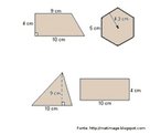 Imagem em que so fornecidas medidas de quatro figuras planas para que sejam calculadas as suas reas. 