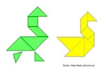 Figuras de um cisne e um pato montadas com o quebra-cabeas tangram tradicional de sete peas. 